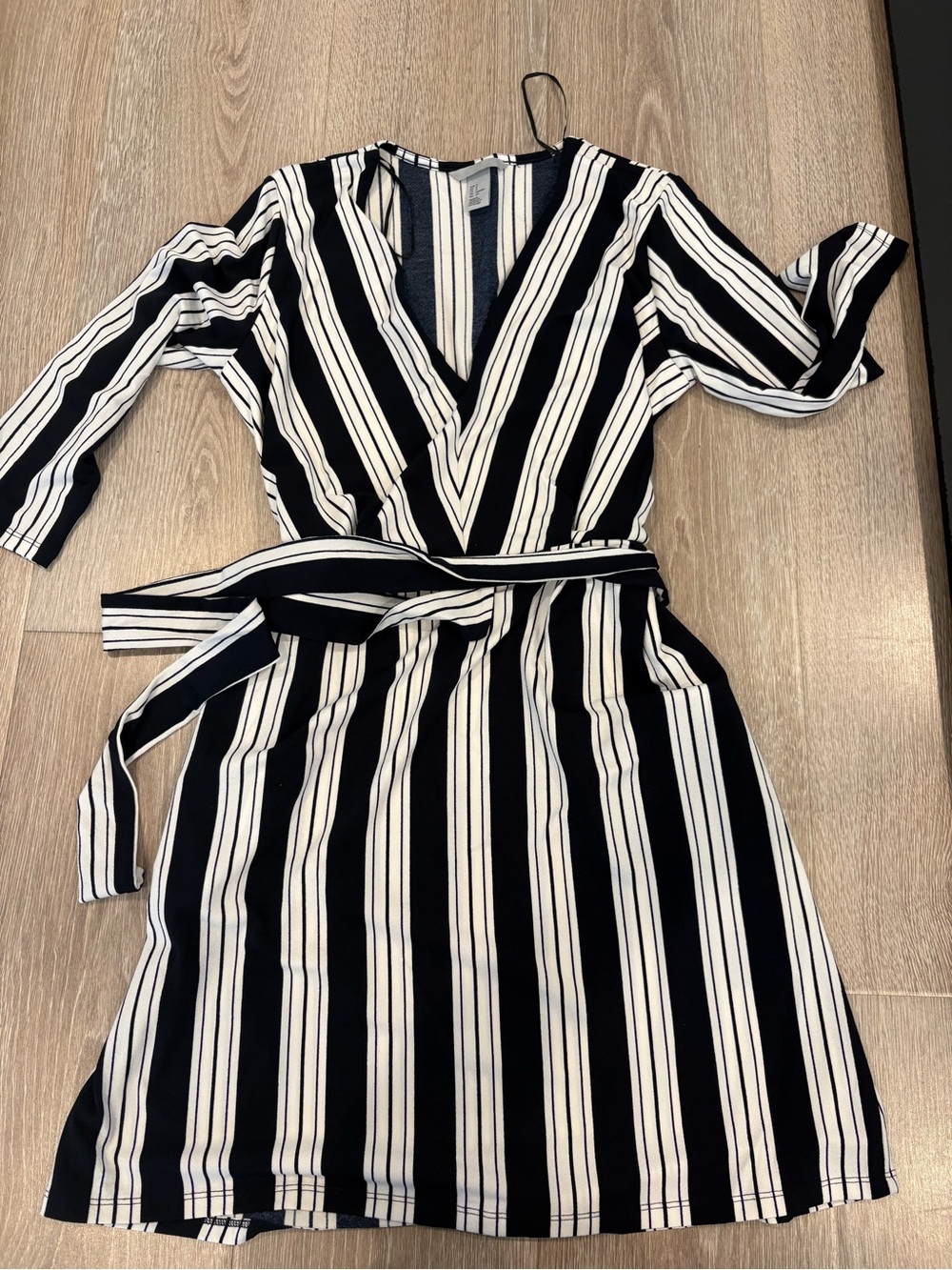 H&M Black and White Striped Wrap-Style Midi Dress